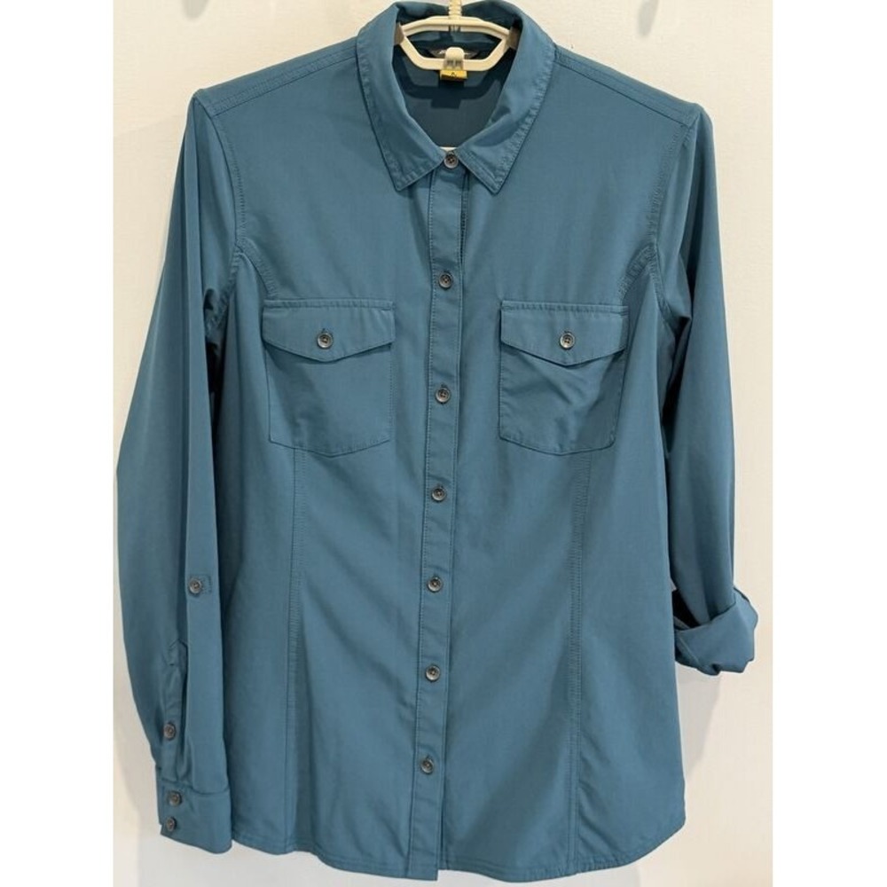 Eddie Bauer Travex Long Roll Tab Sleeve Teal Blue Button Front Shirt Stretch M
